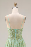 Floral Green A Line Sparkly Spaghetti Straps Long Corset Prom Dress