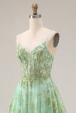 Floral Green A Line Sparkly Spaghetti Straps Long Corset Prom Dress