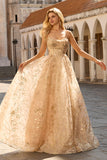Sparkly Champagne Spaghetti Straps Maxi Prom Dress with Sequins