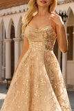 Sparkly Champagne Spaghetti Straps Maxi Prom Dress with Sequins