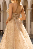 Sparkly Champagne Spaghetti Straps Maxi Prom Dress with Sequins
