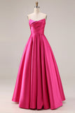 Fuchsia Satin A Line Strapless Ruched Long Prom Dress