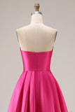 Fuchsia Satin A Line Strapless Ruched Long Prom Dress