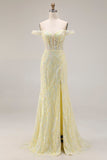 Floral Light Yellow Mermaid Long Corset Prom Dress with Slit