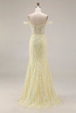 Floral Light Yellow Mermaid Long Corset Prom Dress with Slit
