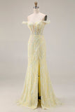 Floral Light Yellow Mermaid Long Corset Prom Dress with Slit