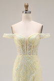 Floral Light Yellow Mermaid Long Corset Prom Dress with Slit
