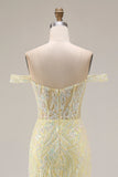 Floral Light Yellow Mermaid Long Corset Prom Dress with Slit