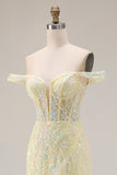 Floral Light Yellow Mermaid Long Corset Prom Dress with Slit