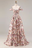 Floral Desert Rose Off the Shoulder A Line Long Corset Prom Dress