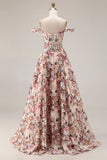 Floral Desert Rose Off the Shoulder A Line Long Corset Prom Dress
