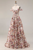 Floral Desert Rose Off the Shoulder A Line Long Corset Prom Dress