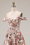 Floral Desert Rose Off the Shoulder A Line Long Corset Prom Dress