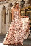 Floral Desert Rose Off the Shoulder A Line Long Corset Prom Dress