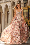 Floral Desert Rose Spaghetti Straps Maxi Corset Prom Dress