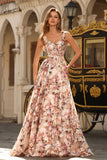 Floral Desert Rose Spaghetti Straps Maxi Corset Prom Dress
