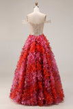 Floral Fuchsia and White Beaded A Line Long Corset Prom Dress