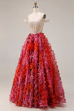 Floral Fuchsia and White Beaded A Line Long Corset Prom Dress
