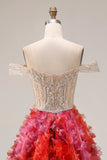 Floral Fuchsia and White Beaded A Line Long Corset Prom Dress