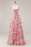 Floral Pink Tiered Sweetheart A Line Long Corset Prom Dress