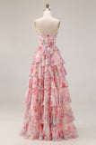 Floral Pink Tiered Sweetheart A Line Long Corset Prom Dress