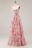 Floral Pink Tiered Sweetheart A Line Long Corset Prom Dress