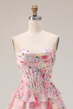 Floral Pink Tiered Sweetheart A Line Long Corset Prom Dress