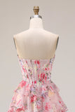 Floral Pink Tiered Sweetheart A Line Long Corset Prom Dress