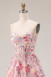 Floral Pink Tiered Sweetheart A Line Long Corset Prom Dress