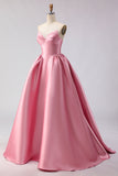 Simple Pink Satin Sweetheart A Line Long Prom Dress