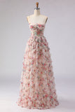 Floral Light Pink Spaghetti Straps A Line Long Prom Dress with Ruffles