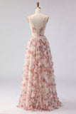 Floral Light Pink Spaghetti Straps A Line Long Prom Dress with Ruffles