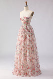 Floral Light Pink Spaghetti Straps A Line Long Prom Dress with Ruffles