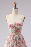 Floral Light Pink Spaghetti Straps A Line Long Prom Dress with Ruffles