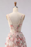 Floral Light Pink Spaghetti Straps A Line Long Prom Dress with Ruffles