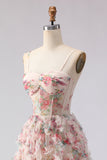 Floral Light Pink Spaghetti Straps A Line Long Prom Dress with Ruffles