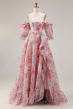 Floral Pink Off the Shoulder A Line Long Prom Dress with Ruffles