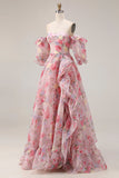 Floral Pink Off the Shoulder A Line Long Prom Dress with Ruffles