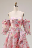Floral Pink Off the Shoulder A Line Long Prom Dress with Ruffles