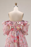 Floral Pink Off the Shoulder A Line Long Prom Dress with Ruffles