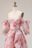 Floral Pink Off the Shoulder A Line Long Prom Dress with Ruffles