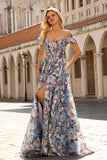 Floral Blue Basque Waist Maxi Corset Prom Dress with Slit