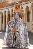 Floral Blue Basque Waist Maxi Corset Prom Dress with Slit