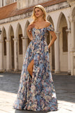 Floral Blue Basque Waist Maxi Corset Prom Dress with Slit