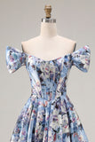 Floral Blue Off the Shoulder Maxi Corset Prom Dress with Slit