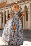 Floral Blue Basque Waist Maxi Corset Prom Dress with Slit