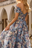 Floral Blue Basque Waist Maxi Corset Prom Dress with Slit