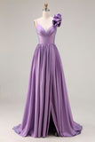 Purple Spaghetti Straps A Line Long Prom Dress with 3D Flower