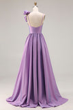 Purple Spaghetti Straps A Line Long Prom Dress with 3D Flower