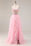 Sparkly Pink Beaded A Line Long Corset Prom Dress with Slit